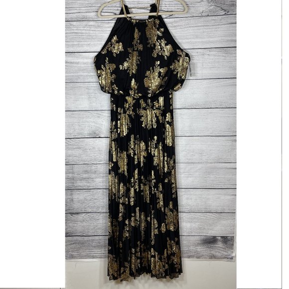 NWT MSK Metallic Print Pleated Blouson Gown Black Gold Sz 8 - Picture 1 of 15